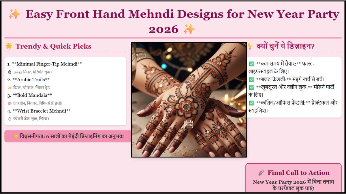 Easy Front Hand Mehndi Designs for New Year Party 2026