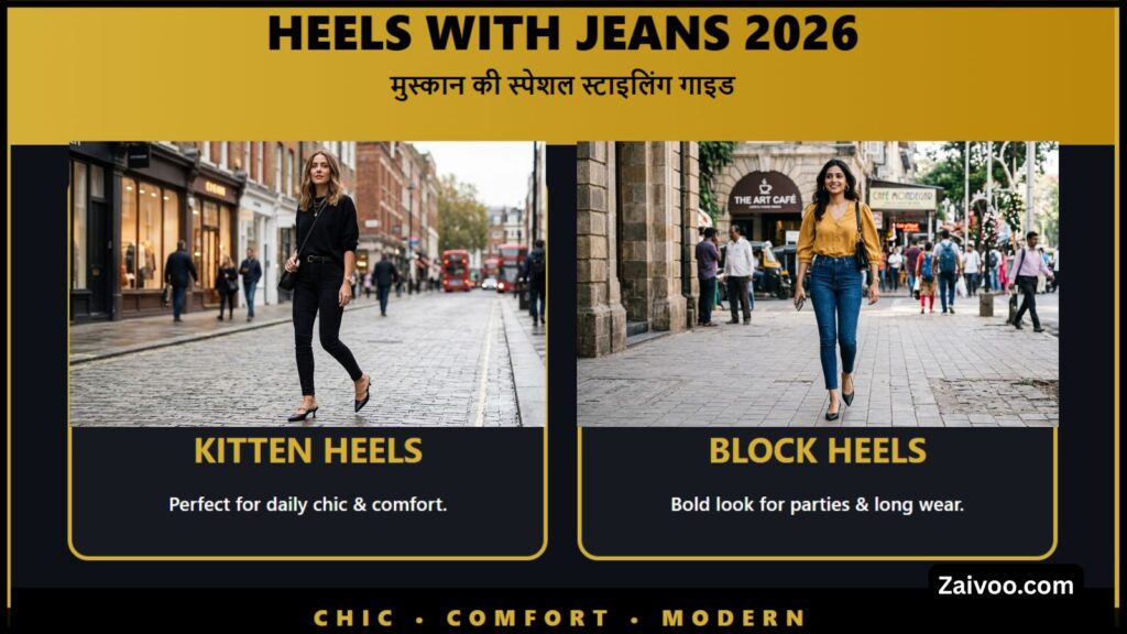 Best Heels with Jeans for Girls 2026 India मुस्कान की Styling Guide (Kitten & Block Heels)